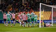 4 March 2024; Danny Mullen of Derry City scores his side's second goal during the SSE Airtricity Men's Premier Division match between Shamrock Rovers and Derry City at Tallaght Stadium in Dublin. Photo by Stephen McCarthy/Sportsfile