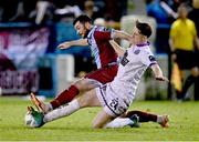 4 March 2024; Ryan Brennan of Drogheda United is tackled by Cian Byrne of Bohemians during the SSE Airtricity Men's Premier Division match between Drogheda United and Bohemians at Weavers Park in Drogheda, Louth. Photo by Ben McShane/Sportsfile