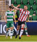 4 March 2024; Shane McEleney of Derry City celebrates his side's second goal scored by Danny Mullen during the SSE Airtricity Men's Premier Division match between Shamrock Rovers and Derry City at Tallaght Stadium in Dublin. Photo by David Fitzgerald/Sportsfile