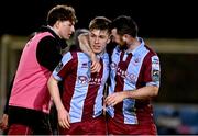 4 March 2024; Warren Davis, left, and Ryan Brennan of Drogheda United celebrate after the SSE Airtricity Men's Premier Division match between Drogheda United and Bohemians at Weavers Park in Drogheda, Louth. Photo by Ben McShane/Sportsfile