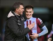 4 March 2024; Drogheda United manager Kevin Doherty, left, celebrates with Evan Weir of Drogheda United after the SSE Airtricity Men's Premier Division match between Drogheda United and Bohemians at Weavers Park in Drogheda, Louth. Photo by Ben McShane/Sportsfile