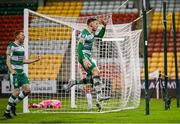 4 March 2024; Markus Poom of Shamrock Rovers, right, celebrates alongside team mate Rory Gaffney after scoring their side's second goal during the SSE Airtricity Men's Premier Division match between Shamrock Rovers and Derry City at Tallaght Stadium in Dublin. Photo by David Fitzgerald/Sportsfile