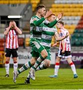 4 March 2024; Markus Poom of Shamrock Rovers, left, celebrates alongside team mate Rory Gaffney after scoring their side's second goal during the SSE Airtricity Men's Premier Division match between Shamrock Rovers and Derry City at Tallaght Stadium in Dublin. Photo by David Fitzgerald/Sportsfile