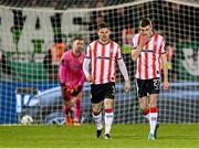 4 March 2024; Derry City's Daniel Kelly, right, Ciarán Coll and goalkeeper Brian Maher after Shamrock Rovers scored their equalising goal during the SSE Airtricity Men's Premier Division match between Shamrock Rovers and Derry City at Tallaght Stadium in Dublin. Photo by Stephen McCarthy/Sportsfile