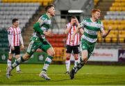 4 March 2024; Markus Poom of Shamrock Rovers, left, celebrates alongside team mate Rory Gaffney after scoring their side's second goal during the SSE Airtricity Men's Premier Division match between Shamrock Rovers and Derry City at Tallaght Stadium in Dublin. Photo by David Fitzgerald/Sportsfile