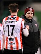 4 March 2024; Derry City manager Ruaidhrí Higgins and Cameron McJannet after the SSE Airtricity Men's Premier Division match between Shamrock Rovers and Derry City at Tallaght Stadium in Dublin. Photo by Stephen McCarthy/Sportsfile