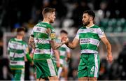 4 March 2024; Roberto Lopes, right, and Lee Grace of Shamrock Rovers after the SSE Airtricity Men's Premier Division match between Shamrock Rovers and Derry City at Tallaght Stadium in Dublin. Photo by Stephen McCarthy/Sportsfile