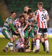 4 March 2024; Players from both side's tussle during the SSE Airtricity Men's Premier Division match between Shamrock Rovers and Derry City at Tallaght Stadium in Dublin. Photo by David Fitzgerald/Sportsfile