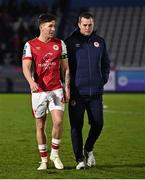 4 March 2024; St Patrick's Athletic manager Jon Daly speaking with team captain Joe Redmond after their side's defeat in the SSE Airtricity Men's Premier Division match between Waterford and St Patrick's Athletic at the Regional Sports Centre in Waterford. Photo by Piaras Ó Mídheach/Sportsfile