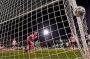 4 March 2024; Derry City goalkeeper Brian Maher looks on as he is beaten by the header from Markus Poom of Shamrock Rovers for their second goal during the SSE Airtricity Men's Premier Division match between Shamrock Rovers and Derry City at Tallaght Stadium in Dublin. Photo by David Fitzgerald/Sportsfile