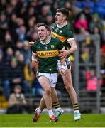 3 March 2024; Paudie Clifford of Kerry, left, celebrates with teammate Seán O'Shea after kicking a point during the Allianz Football League Division 1 match between Kerry and Tyrone at Fitzgerald Stadium in Killarney, Kerry. Photo by Brendan Moran/Sportsfile