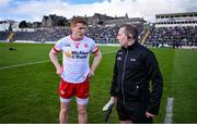 3 March 2024; Tyrone captain Peter Harte with match official Derek O'Mahoney before the Allianz Football League Division 1 match between Kerry and Tyrone at Fitzgerald Stadium in Killarney, Kerry. Photo by Brendan Moran/Sportsfile
