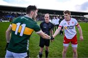 3 March 2024; Referee David Coldrick with team captains Paudie Clifford of Kerry and Peter Harte of Tyrone before the Allianz Football League Division 1 match between Kerry and Tyrone at Fitzgerald Stadium in Killarney, Kerry. Photo by Brendan Moran/Sportsfile