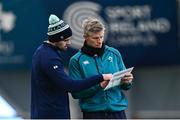 5 March 2024; Harry Byrne, left, with defence coach Simon Easterby during an Ireland rugby training session at the IRFU High Performance Centre at the Sport Ireland Campus in Dublin. Photo by Piaras Ó Mídheach/Sportsfile