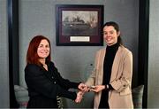 5 March 2024; Fermanagh’s Eimear Smyth is presented with The Croke Park Hotel/LGFA Player of the Month award for February 2024 by Edele O’Reilly, Director of Sales and Marketing, The Croke Park Hotel, at The Croke Park Hotel in Jones Road, Dublin Eimear’s brilliant form has helped Fermanagh qualify for a Lidl National League Division 4 semi-final against Carlow on Sunday March 24. During the month of February, Eimear collected 4-17 from just three outings against Leitrim, Kilkenny and Limerick. Photo by Tyler Miller/Sportsfile