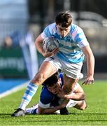 5 March 2024; Derry Moloney of Blackrock College is tackled by Jack Halpin of St Mary’s College during the Bank of Ireland Leinster Schools Senior Cup semi-final match between Blackrock College and St Mary's College at Energia Park in Dublin. Photo by Daire Brennan/Sportsfile