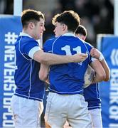5 March 2024; Jack Halpin of St Mary’s College celebrates with team-mate Evan Moynihan after scoring his side's first try during the Bank of Ireland Leinster Schools Senior Cup semi-final match between Blackrock College and St Mary's College at Energia Park in Dublin. Photo by Daire Brennan/Sportsfile