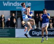 5 March 2024; Brian O’Flaherty of Blackrock College is tackled by Christopher Maguire of St Mary’s College during the Bank of Ireland Leinster Schools Senior Cup semi-final match between Blackrock College and St Mary's College at Energia Park in Dublin. Photo by Daire Brennan/Sportsfile