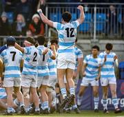 5 March 2024; Jack Pollard of Blackrock College celebrates after his side won a penalty during the Bank of Ireland Leinster Schools Senior Cup semi-final match between Blackrock College and St Mary's College at Energia Park in Dublin. Photo by Daire Brennan/Sportsfile