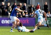 5 March 2024; Zack Hopkins of St Mary’s College is tackled by Brian O’Flaherty of Blackrock College during the Bank of Ireland Leinster Schools Senior Cup semi-final match between Blackrock College and St Mary's College at Energia Park in Dublin. Photo by Daire Brennan/Sportsfile