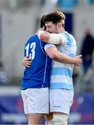 5 March 2024; Jack Angulo of Blackrock College consoles Zack Hopkins of St Mary’s College after the Bank of Ireland Leinster Schools Senior Cup semi-final match between Blackrock College and St Mary's College at Energia Park in Dublin. Photo by Daire Brennan/Sportsfile