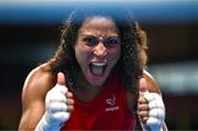 6 March 2024; Emilie Sonvico of France celebrates after their Women's 66kg Round of 64 bout victory over Boro Ankushita of India during day four at the Paris 2024 Olympic Boxing Qualification Tournament at E-Work Arena in Busto Arsizio, Italy. Photo by Ben McShane/Sportsfile