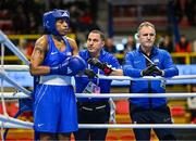 6 March 2024; USA coaches Billy Walsh, right, and John Nolan with Naomi Graham of USA before their Women's 75kg Round of 32 bout against Cindy Ngamba of Boxing Refugee Team during day four at the Paris 2024 Olympic Boxing Qualification Tournament at E-Work Arena in Busto Arsizio, Italy. Photo by Ben McShane/Sportsfile