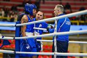 6 March 2024; Naomi Graham of USA with USA coaches Billy Walsh, and John Nolan, centre, during their Women's 75kg Round of 32 bout against Cindy Ngamba of Boxing Refugee Team during day four at the Paris 2024 Olympic Boxing Qualification Tournament at E-Work Arena in Busto Arsizio, Italy. Photo by Ben McShane/Sportsfile