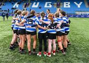 6 March 2024; St Mary's New Ross players in a huddle before the Bank of Ireland Leinster Rugby Schools Girls’ Junior final match between St Mary's New Ross and St Mary's Arklow at Energia Park in Dublin. Photo by Piaras Ó Mídheach/Sportsfile