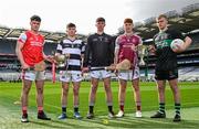 6 March 2024; In attendance at the Masita All-Ireland Post Primary Schools Captains Call at Croke Park in Dublin are, from left, Paudie McCarry of St Raphaels Loughrea, Galway, Geoff Neary and Stephen Minogue of St Kierans College, Kilkenny, Calum Daly of Omagh CBS, Tyrone and Oran Ferris of Mercy Mounthawk, Kerry. Photo by David Fitzgerald/Sportsfile