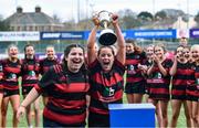 6 March 2024; St Mary's Arklow joint-captains Laragh O'Callaghan, left, and Aoibhe Merrigan celebrate after their side's victory in the Bank of Ireland Leinster Rugby Schools Girls’ Junior final match between St Mary's New Ross and St Mary's Arklow at Energia Park in Dublin. Photo by Piaras Ó Mídheach/Sportsfile