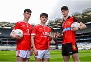 6 March 2024; In attendance at the Masita All-Ireland Post Primary Schools Captains Call at Croke Park in Dublin are, from left, Callum McCrea and Senan Kerr and Evan O'Kane Ashbourne CS, Meath. Photo by David Fitzgerald/Sportsfile