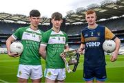 6 March 2024; In attendance at the Masita All-Ireland Post Primary Schools Captains Call at Croke Park in Dublin are, from left, Eoin Travers and Chris Kelly McAvoy of St Malachy's Castlewellan and Sean Rinn of Tarbert Comprehensive. Photo by David Fitzgerald/Sportsfile