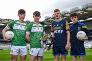 6 March 2024; In attendance at the Masita All-Ireland Post Primary Schools Captains Call at Croke Park in Dublin are, from left, Eoin Travers and Chris Kelly McAvoy of St Malachy's Castlewellan, Sean Rinn and Jamie Maloney of Tarbert Comprehensive. Photo by David Fitzgerald/Sportsfile