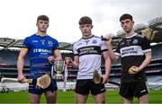 6 March 2024; In attendance at the Masita All-Ireland Post Primary Schools Captains Call at Croke Park in Dublin are, from left, Joseph McLoughlin of St Killians Ballymena, Ben O'Sullivan and Joe O'Keeffe of Blackwater Community College. Photo by David Fitzgerald/Sportsfile