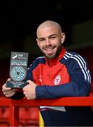 7 March 2024; Mark Coyle of Shelbourne FC with his SSE Airtricity / SWI Player of the Month Award for February 2024 at Tolka Park in Dublin. Photo by Brendan Moran/Sportsfile