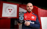 7 March 2024; Mark Coyle of Shelbourne FC with his SSE Airtricity / SWI Player of the Month Award for February 2024 at Tolka Park in Dublin. Photo by Brendan Moran/Sportsfile