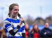 6 March 2024; St Mary's New Ross captain Jane Bolger makes a speech after her side's defeat in the Bank of Ireland Leinster Rugby Schools Girls’ Junior final match between St Mary's New Ross and St Mary's Arklow at Energia Park in Dublin. Photo by Piaras Ó Mídheach/Sportsfile