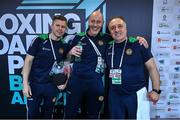6 March 2024; Ireland coaches, from left, James Doyle, Damian Kennedy and Zaur Antia celebrate after Martin McDonagh of Ireland won their Men's 92kg+ Round of 32 bout against Yusuf Acik of Türkiye during day four at the Paris 2024 Olympic Boxing Qualification Tournament at E-Work Arena in Busto Arsizio, Italy. Photo by Ben McShane/Sportsfile