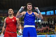 6 March 2024; Martin McDonagh of Ireland celebrates his victory in their Men's 92kg+ Round of 32 bout against Yusuf Acik of Türkiye during day four at the Paris 2024 Olympic Boxing Qualification Tournament at E-Work Arena in Busto Arsizio, Italy. Photo by Ben McShane/Sportsfile