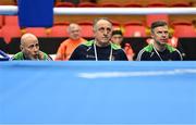 6 March 2024; Ireland coaches, from left, James Doyle, Zaur Antia and Damian Kennedy during day four at the Paris 2024 Olympic Boxing Qualification Tournament at E-Work Arena in Busto Arsizio, Italy. Photo by Ben McShane/Sportsfile
