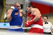 6 March 2024; Berat Acar of Türkiye, right, in action against Georgii Kushiashvili of Georgia during their Men's 92kg Round of 64 bout during day four at the Paris 2024 Olympic Boxing Qualification Tournament at E-Work Arena in Busto Arsizio, Italy. Photo by Ben McShane/Sportsfile