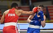 6 March 2024; Soheb Bouafia of France, left, in action against Bryan Colwell of Canada during their Men's 92kg Round of 64 bout during day four at the Paris 2024 Olympic Boxing Qualification Tournament at E-Work Arena in Busto Arsizio, Italy. Photo by Ben McShane/Sportsfile