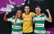 6 March 2024; Goalkeeper Amanda Budden with Savannah McCarthy, left, and Shauna Fox, right, during a Shamrock Rovers squad portrait session at Roadstone Group Sports Club in Dublin. Photo by Piaras Ó Mídheach/Sportsfile