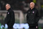 4 March 2024; Derry City assistant manager Paul Hegarty, right, and kitman George Harkin before the SSE Airtricity Men's Premier Division match between Shamrock Rovers and Derry City at Tallaght Stadium in Dublin. Photo by Stephen McCarthy/Sportsfile