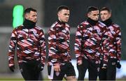4 March 2024; Derry City players, from left, Danny Mullen, Ben Doherty, Jordan McEneff and Daniel Kelly before the SSE Airtricity Men's Premier Division match between Shamrock Rovers and Derry City at Tallaght Stadium in Dublin. Photo by Stephen McCarthy/Sportsfile