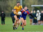 7 March 2024; Louis Pearl of DCU Dochas Eireann in action against Aoife Collins of Mary Immaculate College during the 2024 Ladies HEC Cup final match between DCU Dochas Eireann and Mary Immaculate College at MTU Cork. Photo by Stephen Marken/Sportsfile