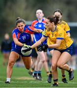 7 March 2024; Sarah Fitzgerald of Mary Immaculate College in action against Caitlin O'Reilly of DCU Dochas Eireann during the 2024 Ladies HEC Cup final match between DCU Dochas Eireann and Mary Immaculate College at MTU Cork. Photo by Stephen Marken/Sportsfile