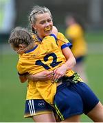 7 March 2024; Emer Quinn, 12, and Síofra Galvin of DCU Dochas Eireann celebrate after their side's victory in the 2024 Ladies HEC Cup final match between DCU Dochas Eireann and Mary Immaculate College at MTU Cork. Photo by Stephen Marken/Sportsfile