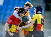 7 March 2024; Giovanni Nostro of St Fintan's High School, bottom centre, celebrates with team-mates Simon Cantwell, left, and Marcel Haas, right, and Hugh Dummer after scoring their side's fourth try during the Bank of Ireland Vinnie Murray Cup final match between St Fintan's High School and The High School at Energia Park in Dublin. Photo by Tyler Miller/Sportsfile